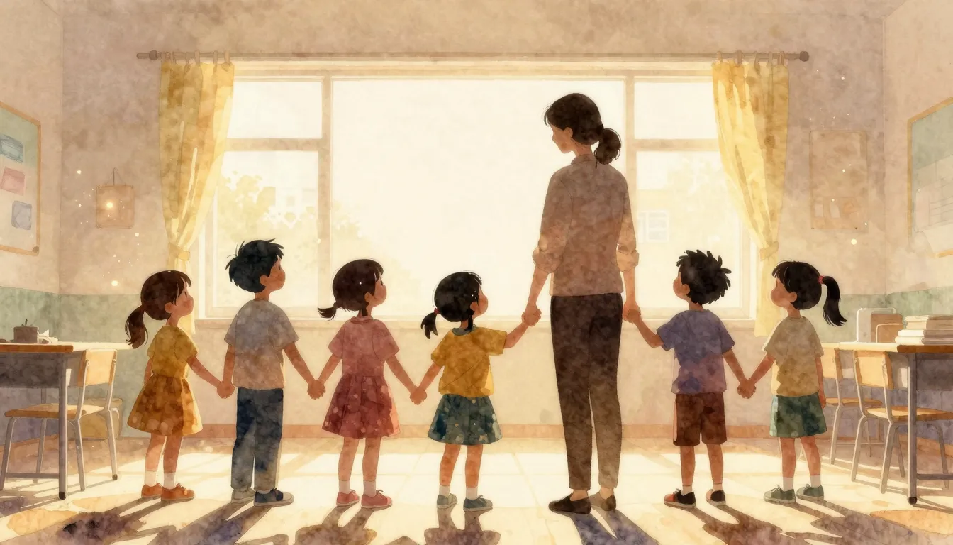 Watercolor style. Silhouette of a teacher and children holdi...
