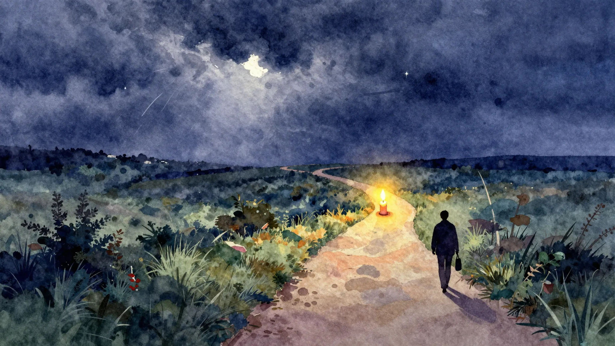Vibrant watercolor style. A winding path through a stormy la...