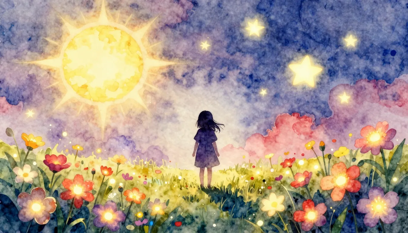 Watercolor style. A silhouette of a small girl standing in a...