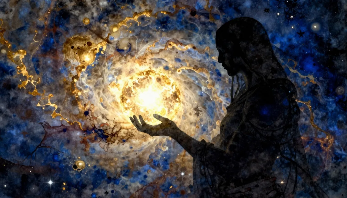 Watercolor style. A dark silhouette of a cosmic entity holdi...