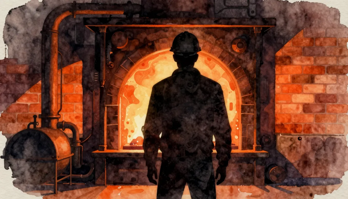 Watercolor style. Silhouette of a man in a hard hat standing...