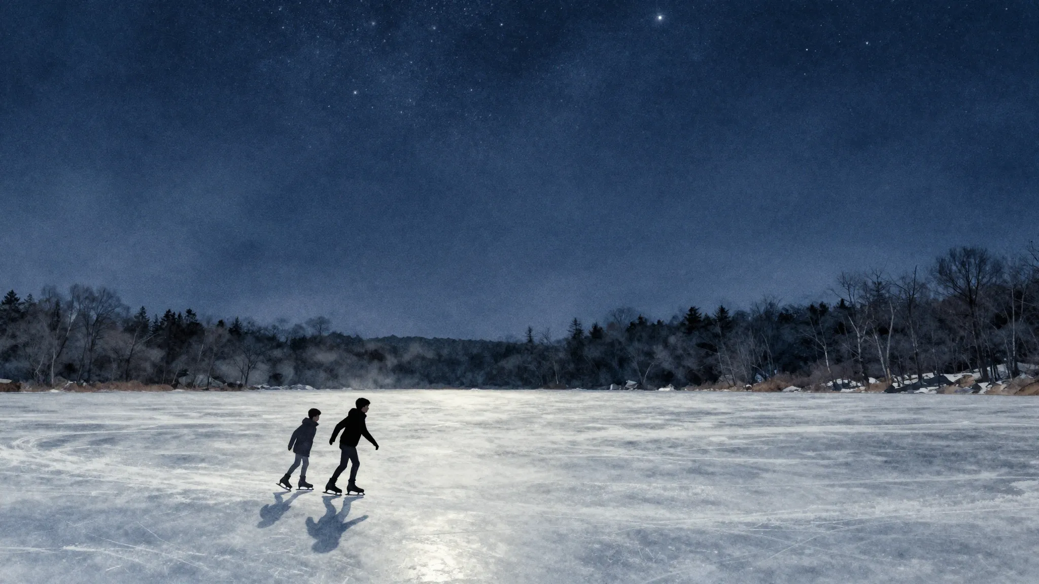Watercolor style. Silhouettes of two young brothers ice skat...