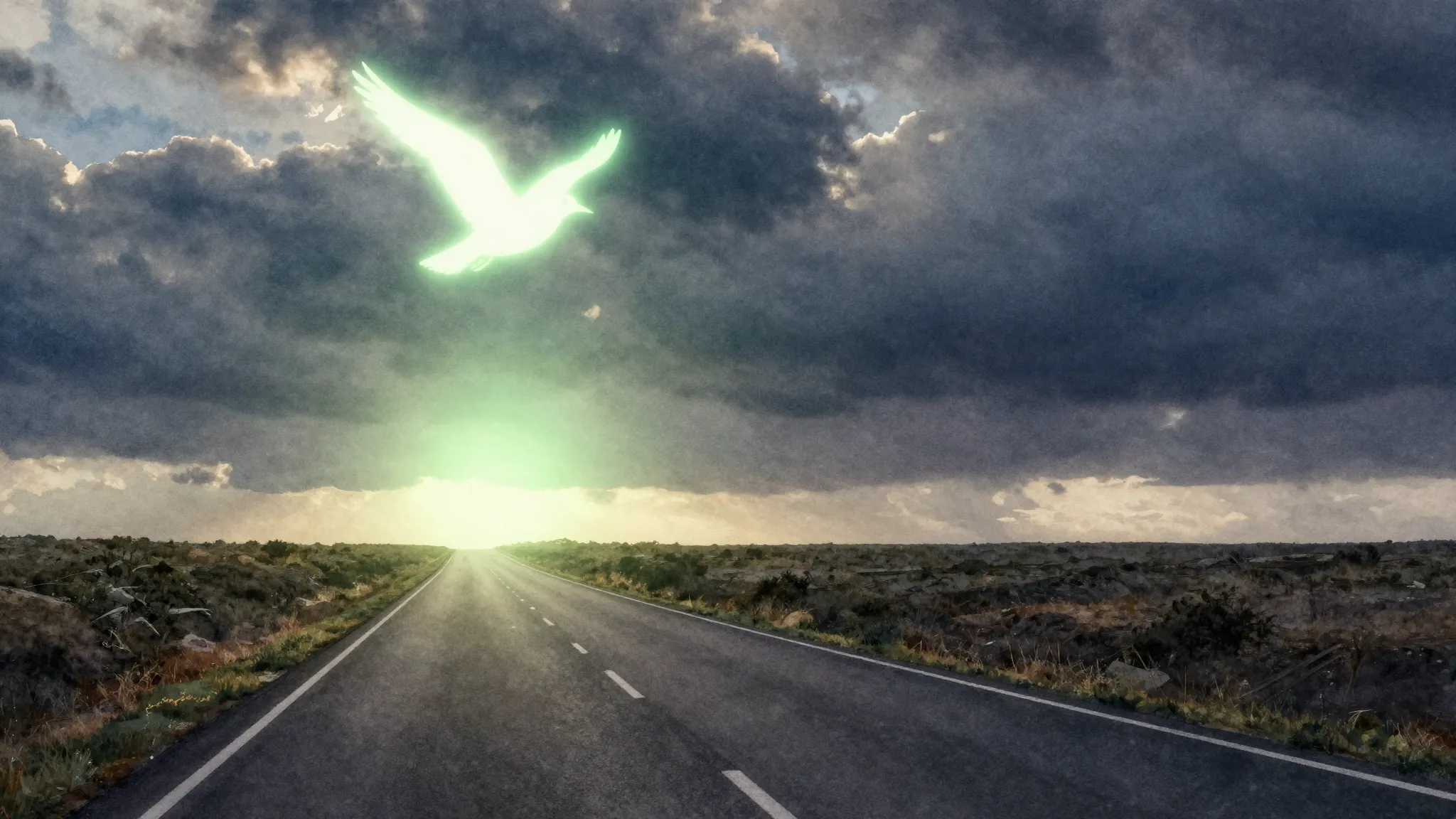 Watercolor style. A long winding road stretching towards a b...