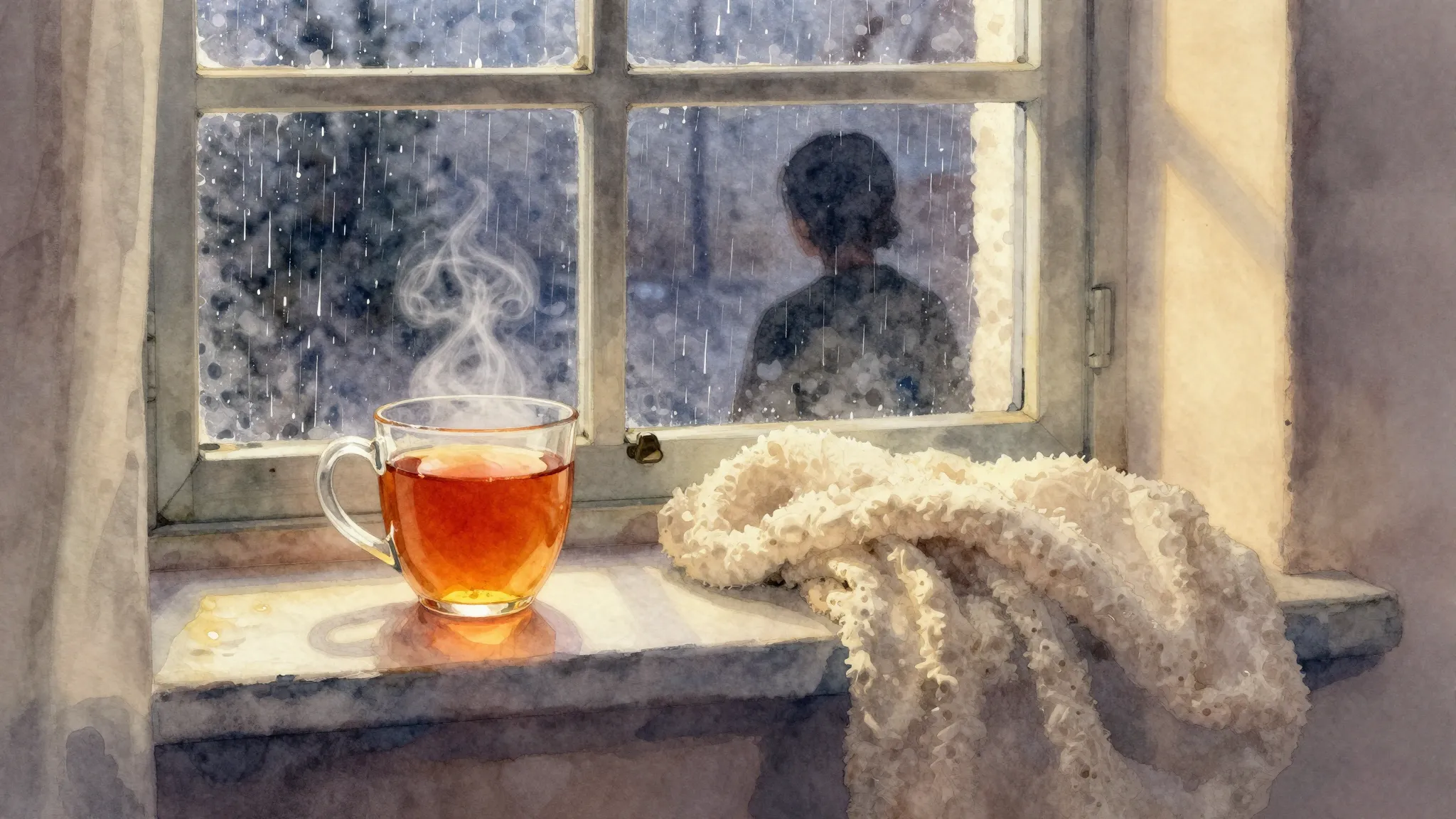 Watercolor style. A cozy room with a window showing a rainy ...