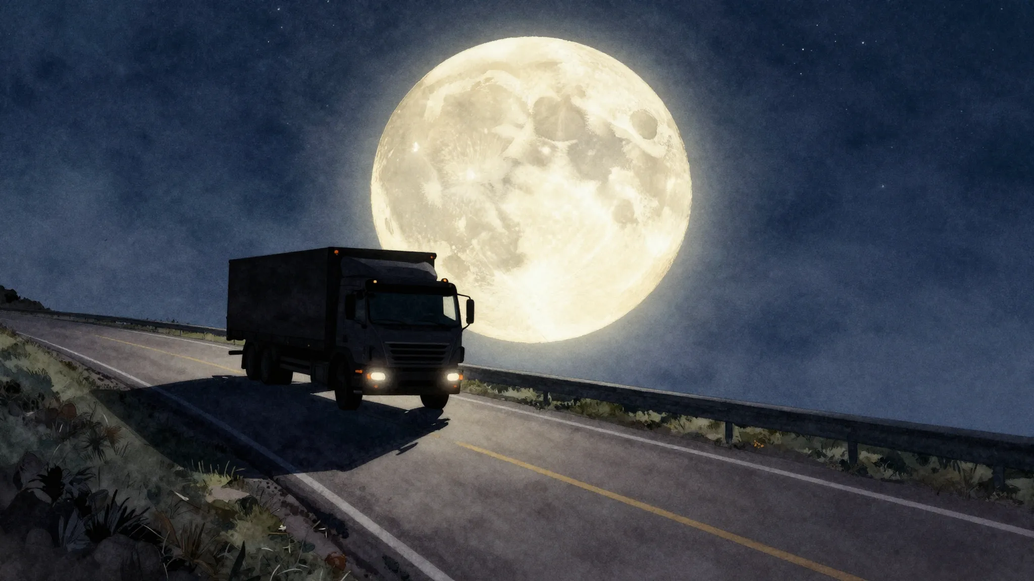 Watercolor style. A silhouette of a lonely truck driving on ...