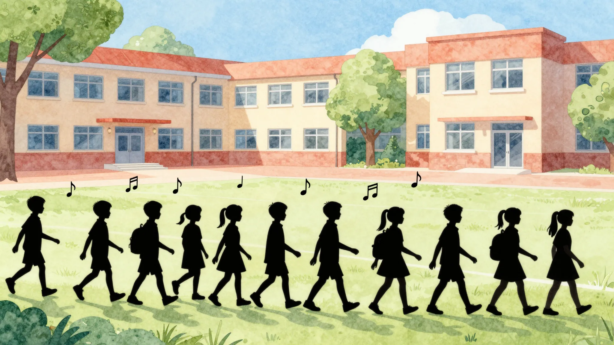Watercolor style. A bright sunny day at a school yard, silho...