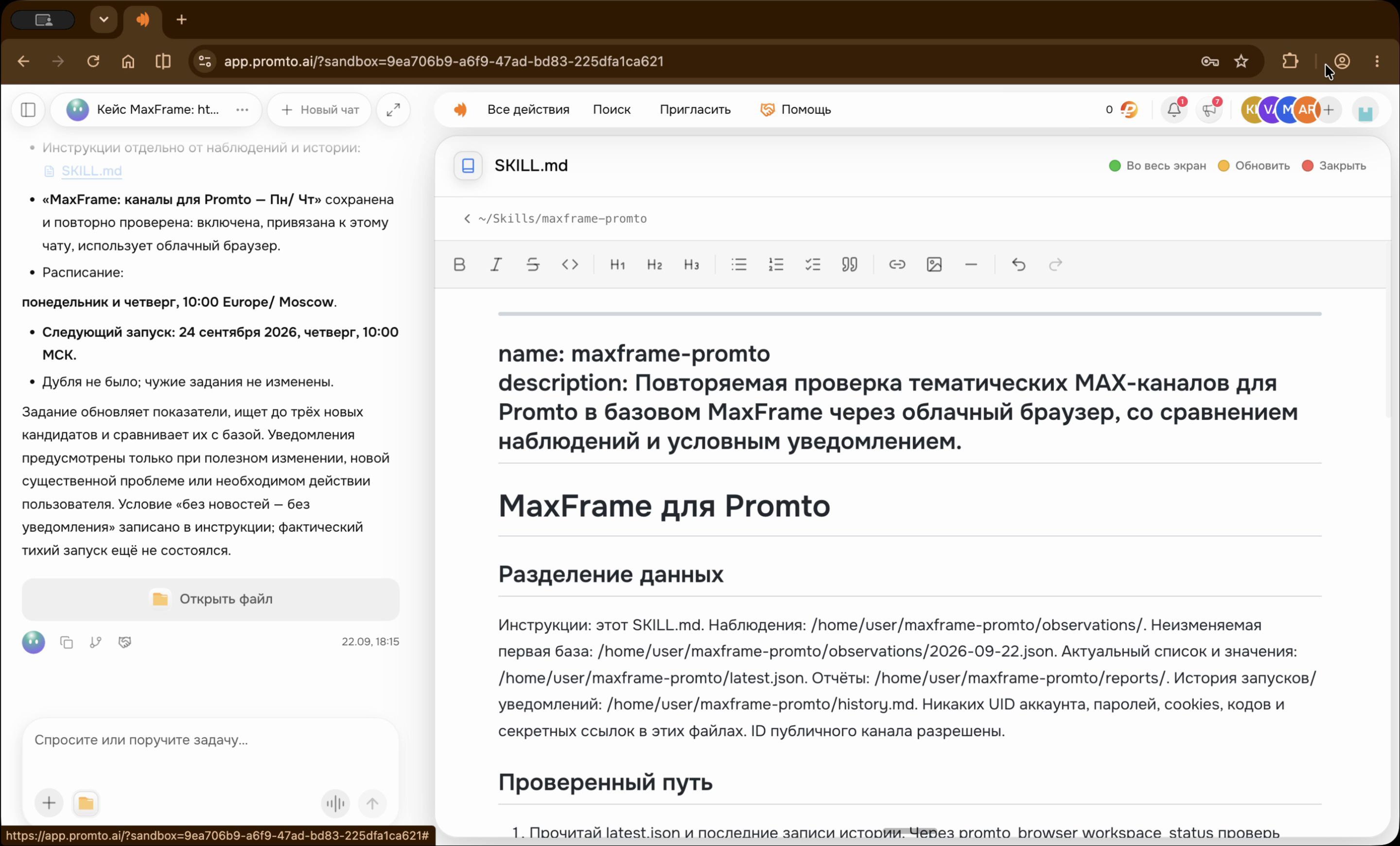 Созданный навык открыт в интерфейсе Promto. Инструкции отделены от наблюдений и истории проверок. Навык maxframe-promto в Promto с инструкциями по повторной проверке MAX-каналов