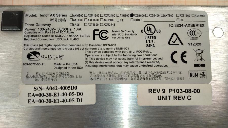 164-013-001 Шлюз VoIP QUINTUM Tenor AXG1600 #10