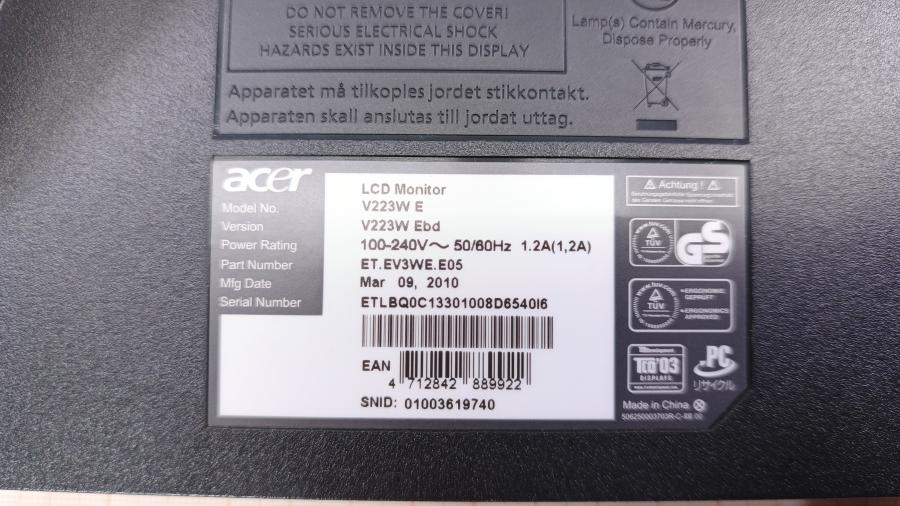 226-007-002 Монитор ЖК ACER V223W EObd #8