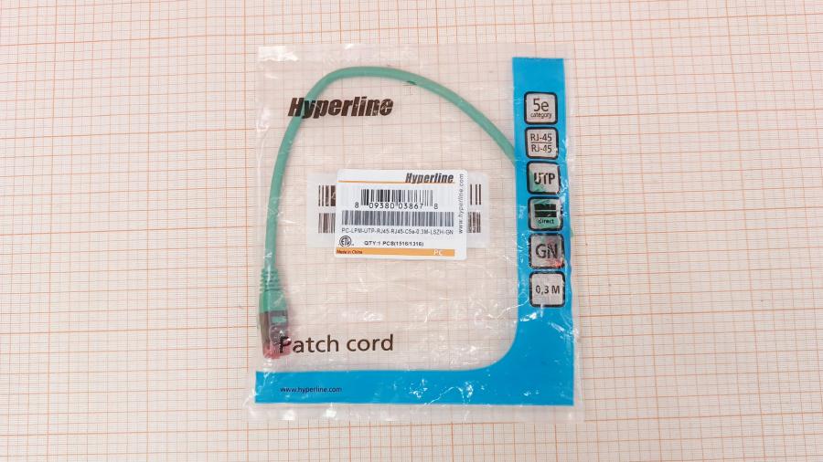 001-355-001 Патч-корд HYPERLINE PC-LPM-UTP-RJ45-RJ45-C5e-0.3M-LSZH-GN #1