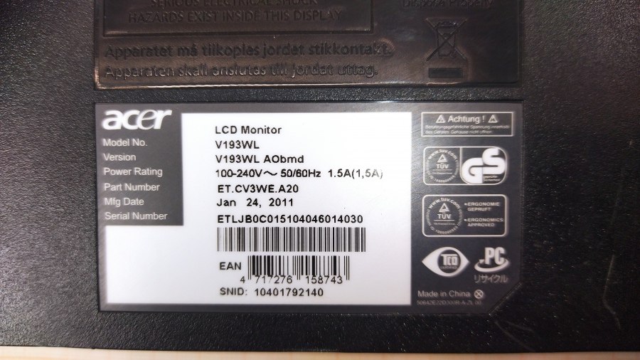 199-030-001 Монитор ЖК ACER V193WL AO bmd #8