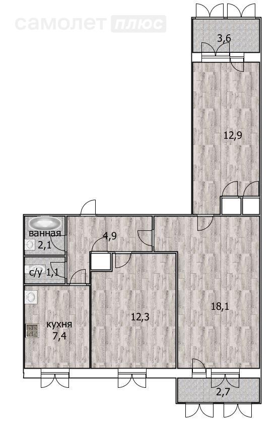 3-комнатная 59.9 м2 в ЖК undefined корпус undefined этаж 3