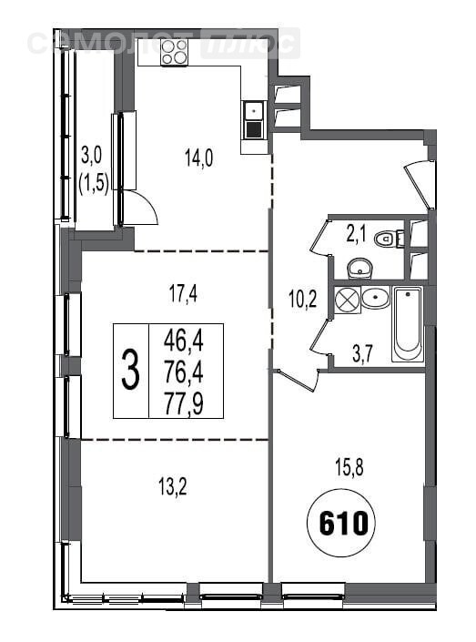 3-комнатная 77.9 м2 в ЖК undefined корпус undefined этаж 6
