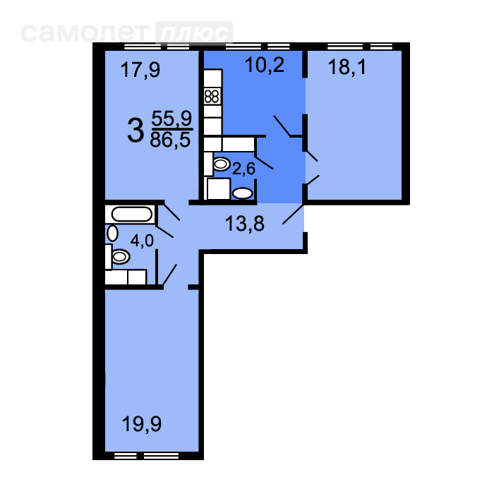 3-комнатная 86.4 м2 в ЖК undefined корпус undefined этаж 14