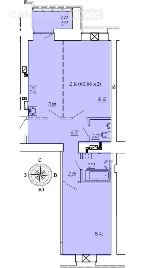 2-комнатная 59.2 м2 в ЖК undefined корпус undefined этаж 13