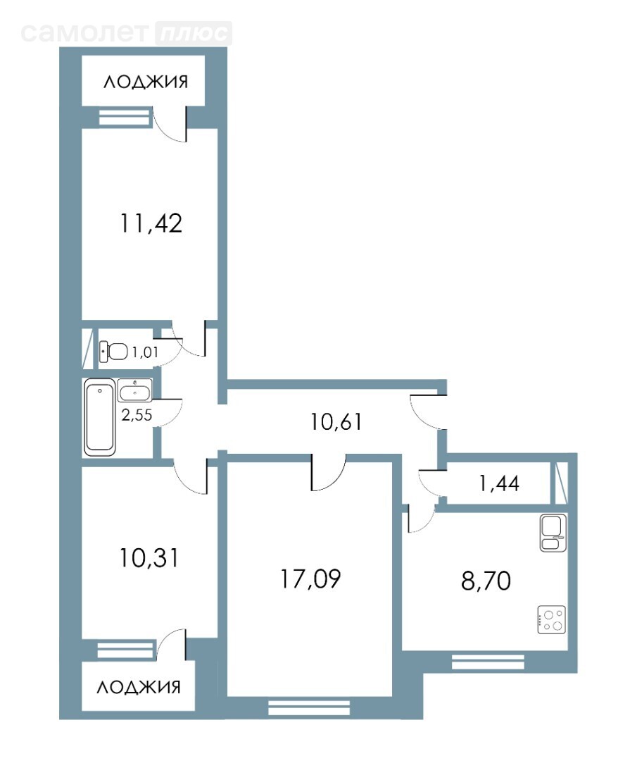 3-комнатная 63.1 м2 в ЖК undefined корпус undefined этаж 9