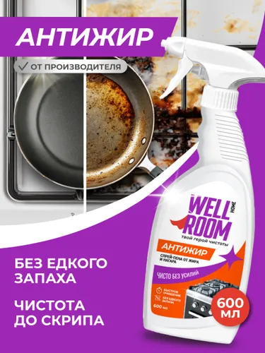 Спрей-пена антижир для кухни Wellroom 600 мл, чистящее средство от жира и