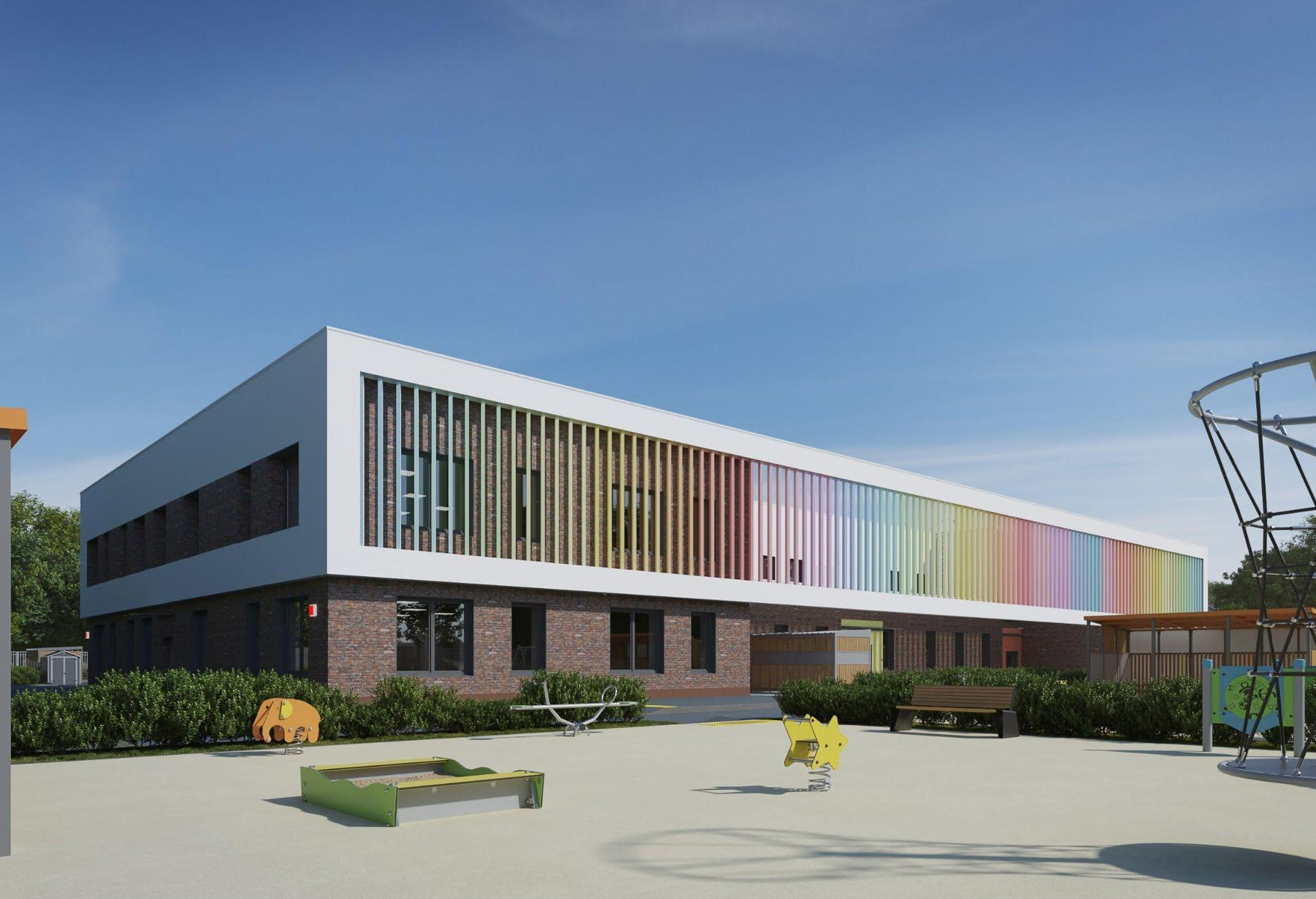 Яркая радуга из ламелей украсит фасад нового детского сада в Озерах