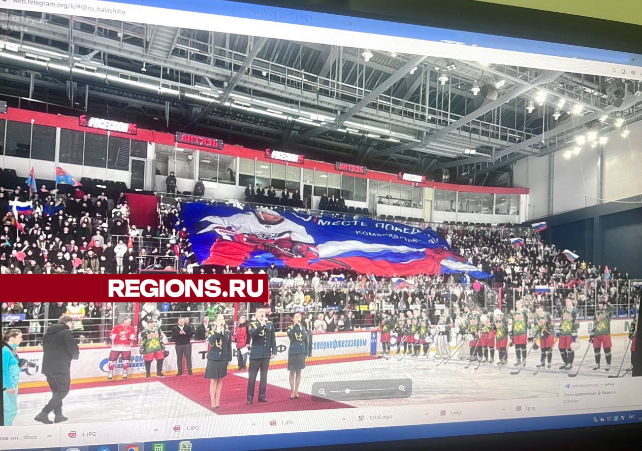 Житель Балашихи развернул на хоккейном матче огромный флаг с портретом Путина