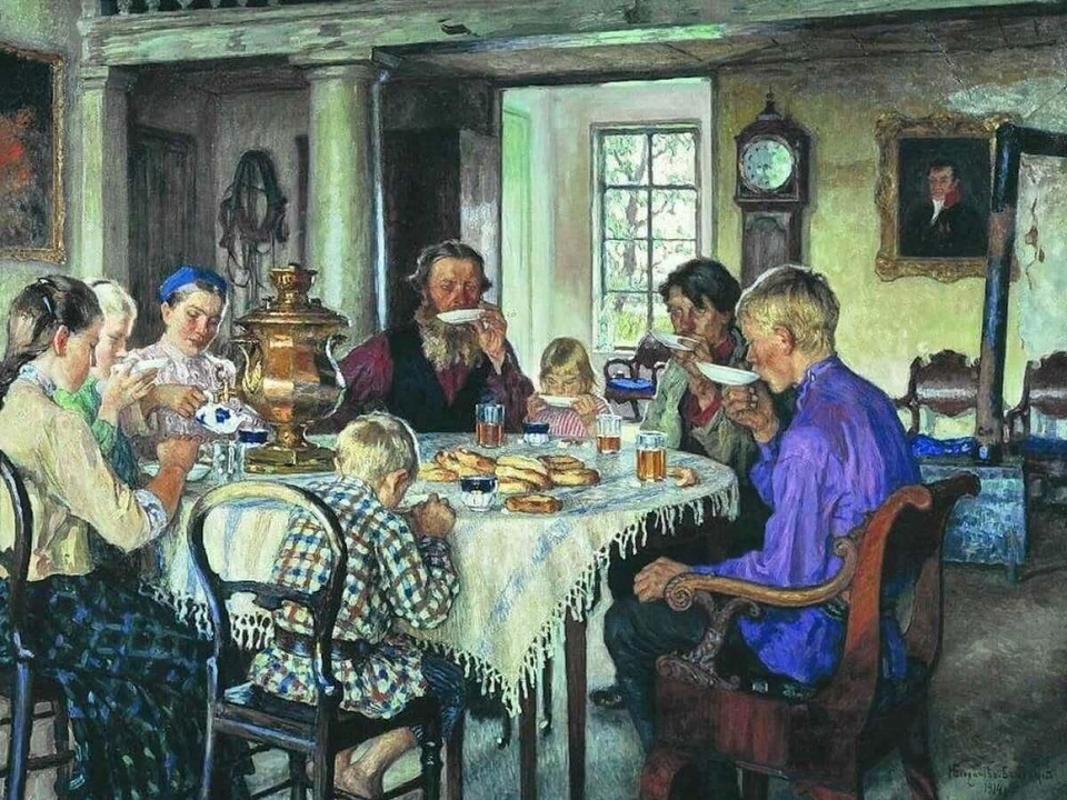 Картина «Новые хозяева. Чаепитие». Н. Богданов-Бельский. 1913 год