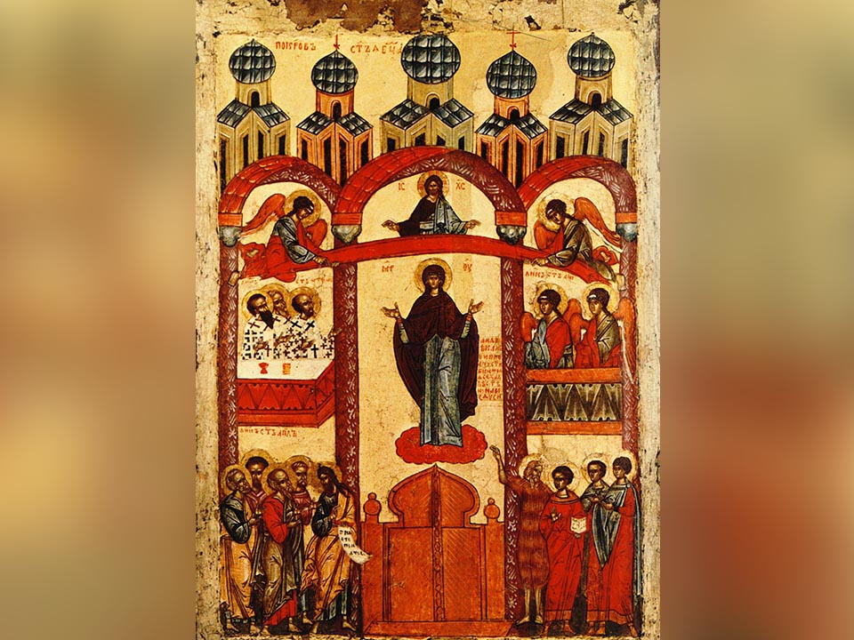 Икона «Покров Пресвятой Богородицы» (Новгород, 1401—1425 годы. Государственная Третьяковская галерея). Фото: сommons.wikimedia/Общественное достояние