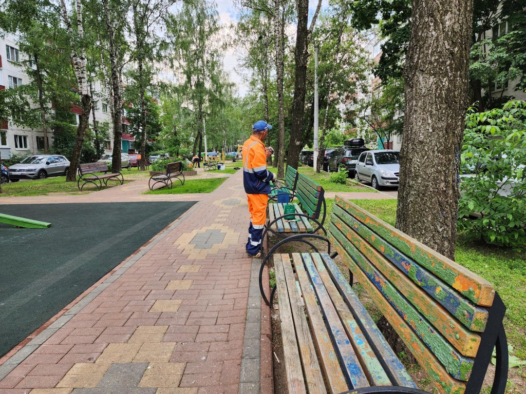 Во дворе домов на улице Рабочей в Раменском покрасили скамейки | Раменское