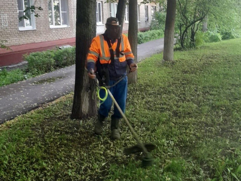 На Новом бульваре в Долгопрудном окашивают обочины дороги