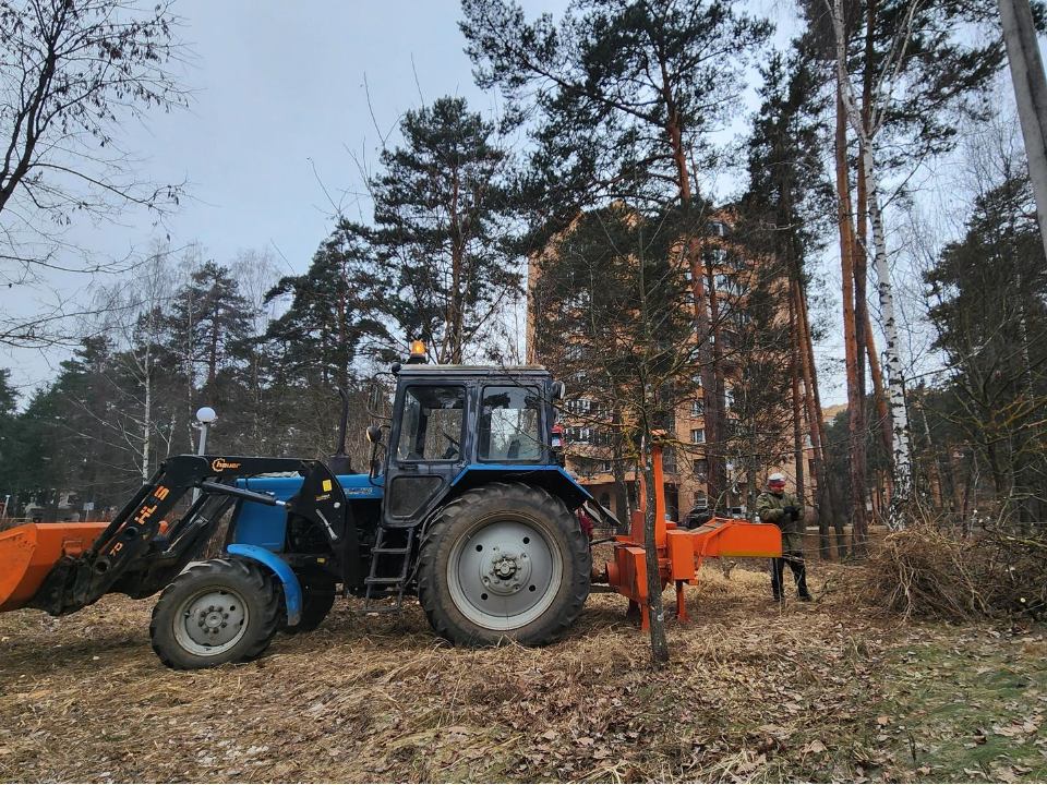 На Центральном проезде в Протвине перерабатывают сухие ветки в щепу