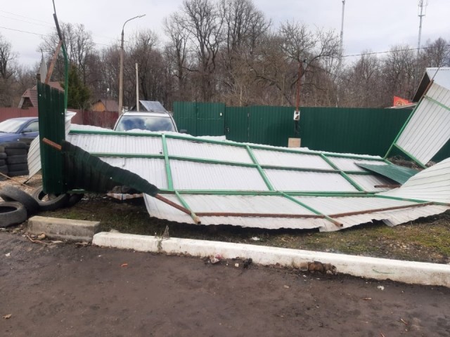 В Чехове штормовым ветром повалило березу и снесло ограды мусорных площадок