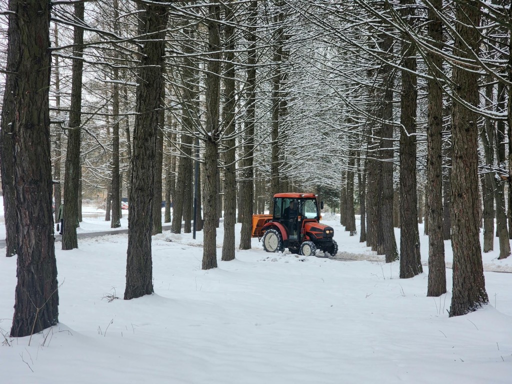 В Пущине коммунальщики убирают снежную кашу и посыпают дороги песком