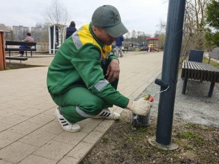 В парке Солнечногорска к летнему сезону покрасят лавочки и фонарные столбы