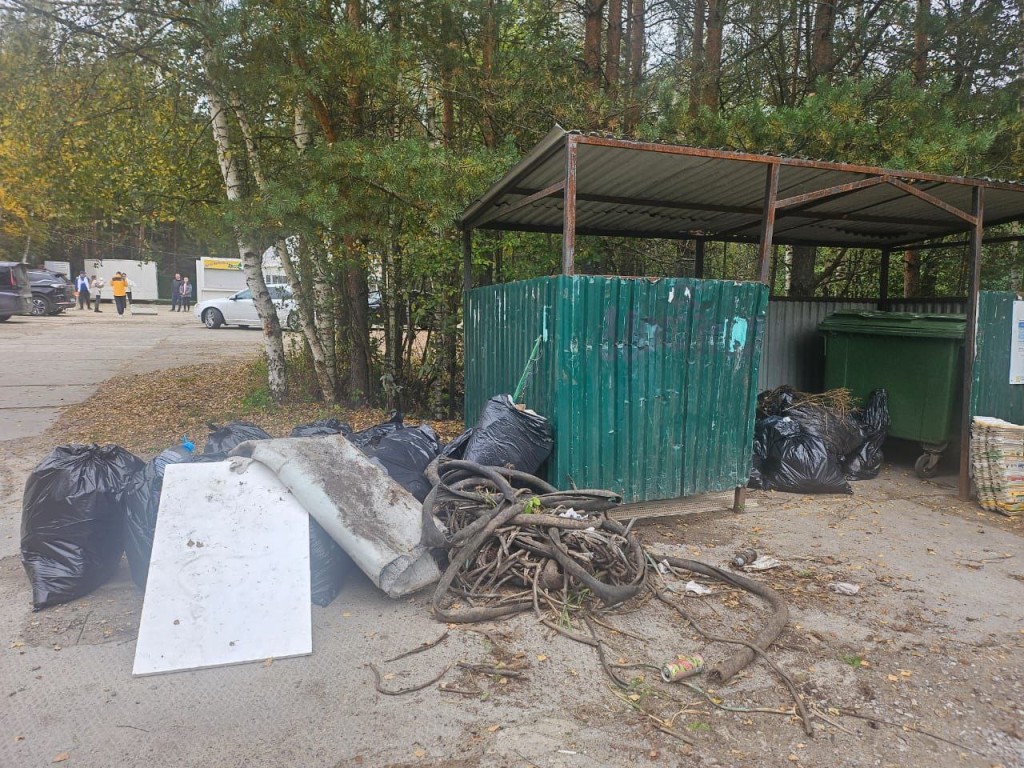 После уборки Северного озера мусор временно сложили у контейнерной площадки