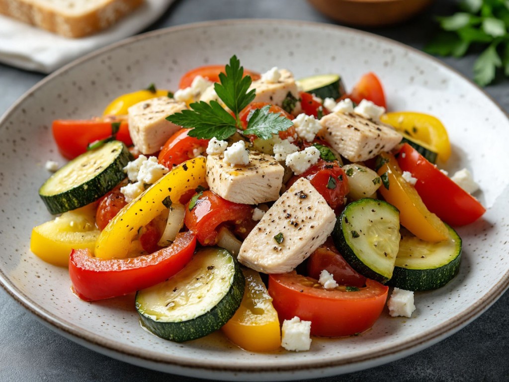 Этот чудо-салат не просто гарнир, он заменит полноценный ужин: сочная курица с запеченными овощами без лишней суеты