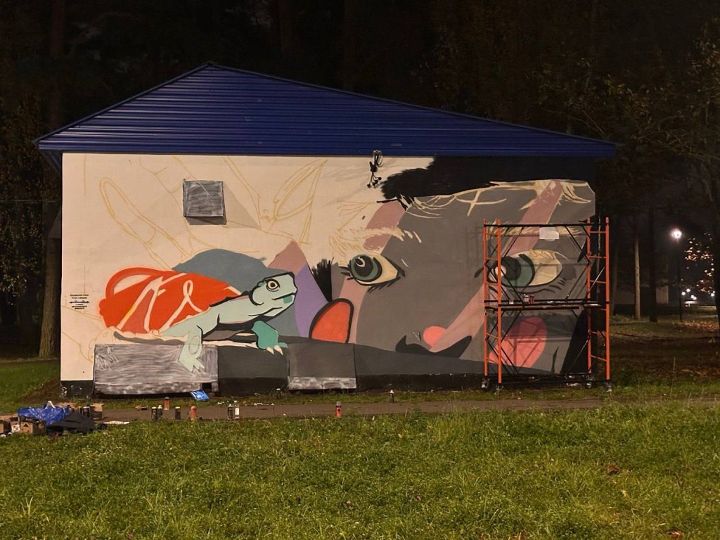 Удивленная девушка с черепашкой: в Черноголовке рисуют новый мурал