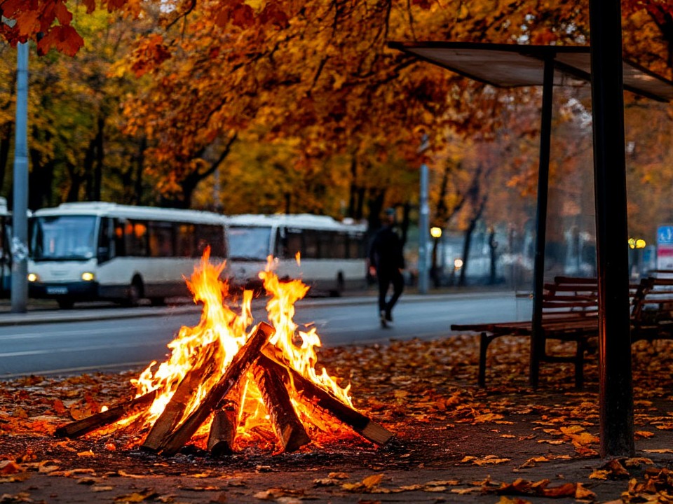 В Балашихе неизвестные развели костер на остановке, чтобы согреться в ожидании автобуса