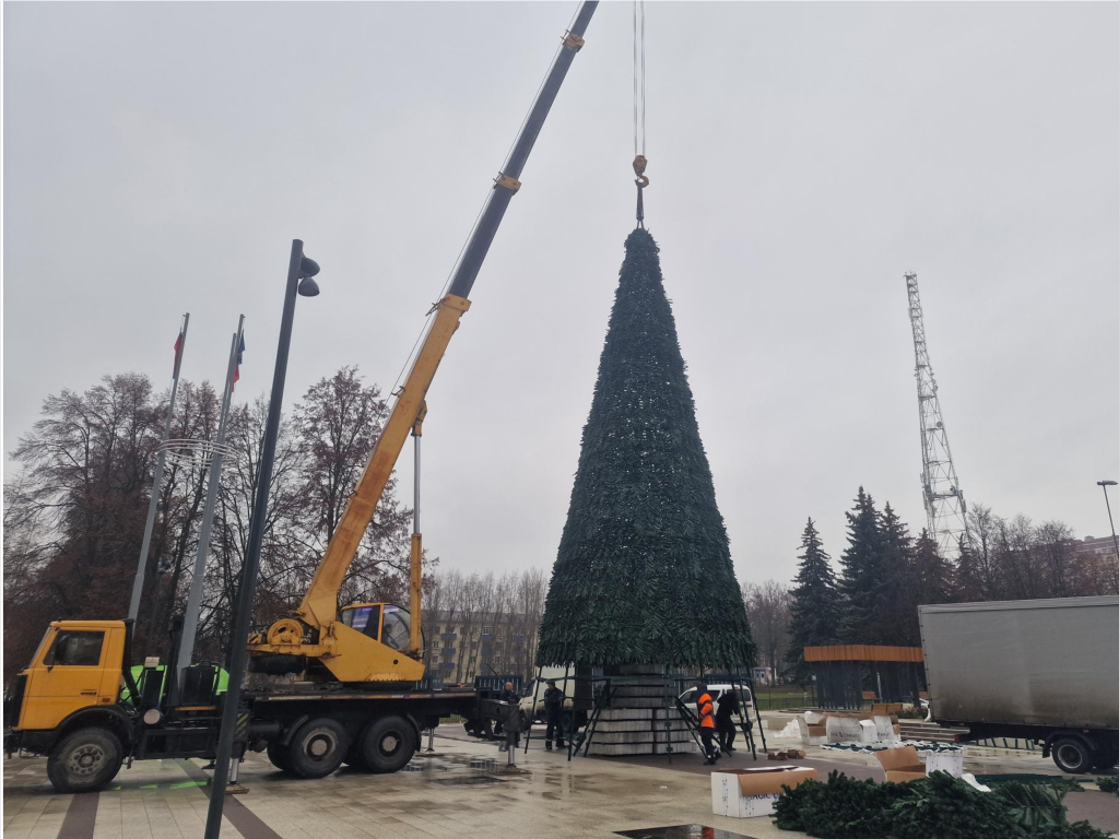 Сменила прописку: главную новогоднюю ель установили на площади перед ледовым дворцом «Химик»