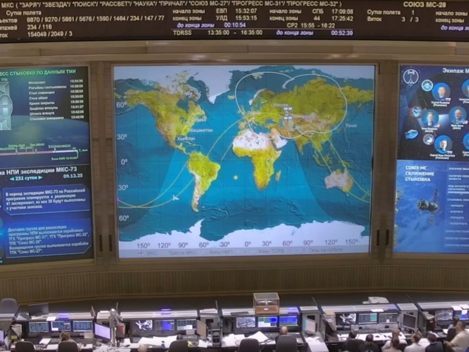 Сотрудники ЦУПа в Королеве провели с Земли стыковку пилотируемого корабля «Союз МС-28»