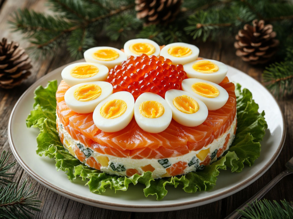 Мимоза от шефа Ивлева с копченой горбушей и красной икрой — новогодняя версия классики, которая удивляет гостей