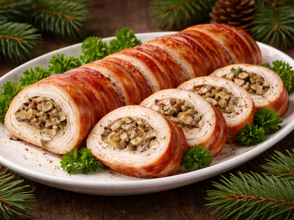 Мясо нежное, начинка ароматная, ломтики идеальные: рулет из индейки вместо холодца