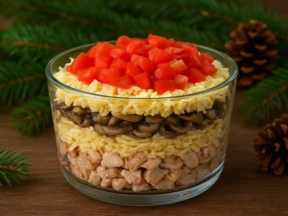 Новогодний хит без лишних хлопот — слоеный салат «Чикаго» с копченой курицей, грибами и сыром