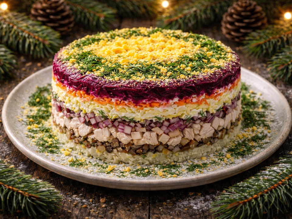 Новогодняя «шуба» с мясной ноткой — как готовить слоистый салат с характером