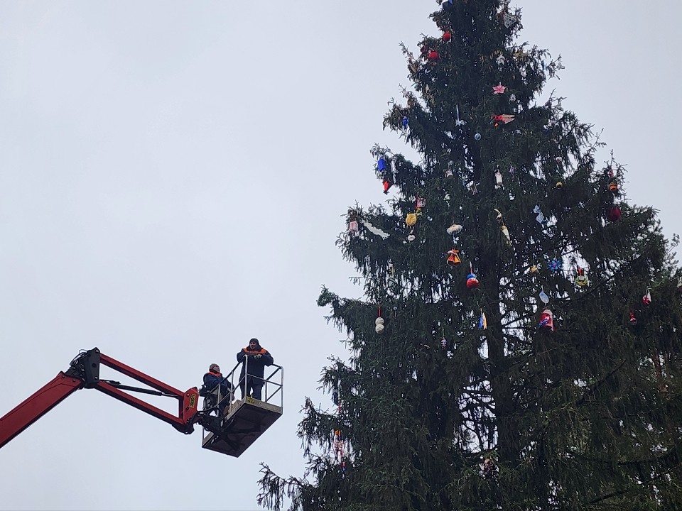 Детскими руками: 20-метровую елку лесопарка «Талицкий лес» нарядили игрушками из школ и садов