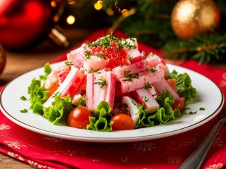 Король новогоднего фуршета: готовим салат из кальмара с сыром и крабовыми палочками