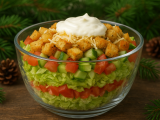 Когда обычные салаты надоели: «Хрустящий вальс» с сыром и домашними гренками для новогоднего стола