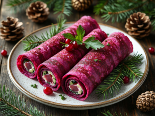 Не просто «шуба», а рулетики из свекольных блинов с селедкой — идеальная закуска на Новый год