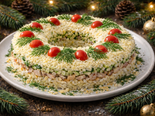 Салат «Рождественский» в форме венка — продукты обычные, а вид невероятный