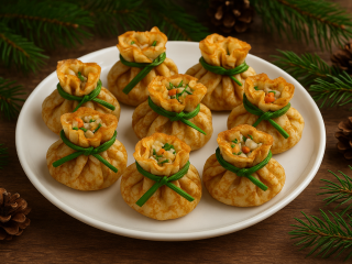 «Мешочки от Деда Мороза»: новогодняя закуска, которая выглядит как подарок — рецепт из блинов с начинкой