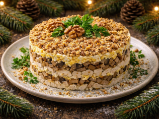 Курица, грибы и грецкие орехи в одном салате — сочетание, которое не подводит ни на одном празднике