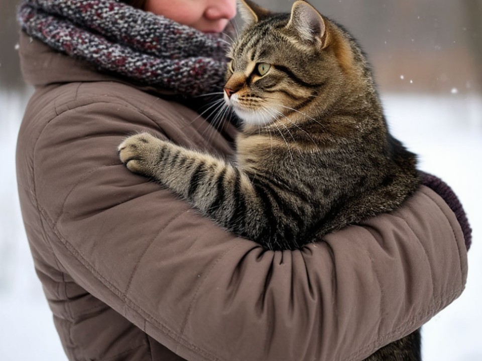 На плече у друга: морозостойкий кот «ходит» за покупками и на прогулку в Балашихе