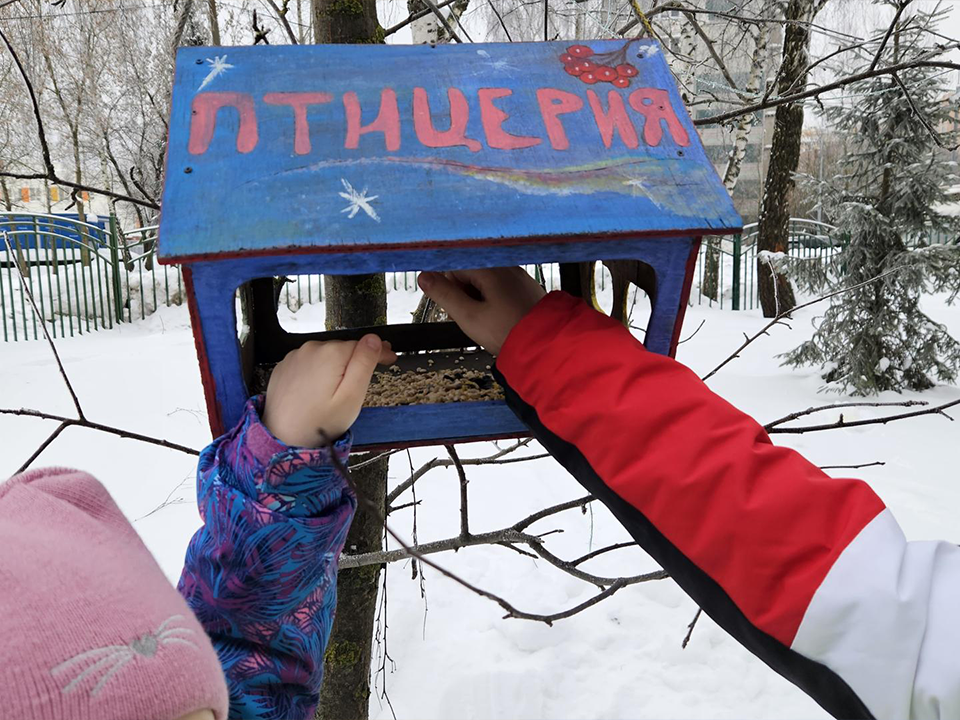 Дети из «Золотой рыбки» установили кормушки для птиц в Парке культуры и отдыха